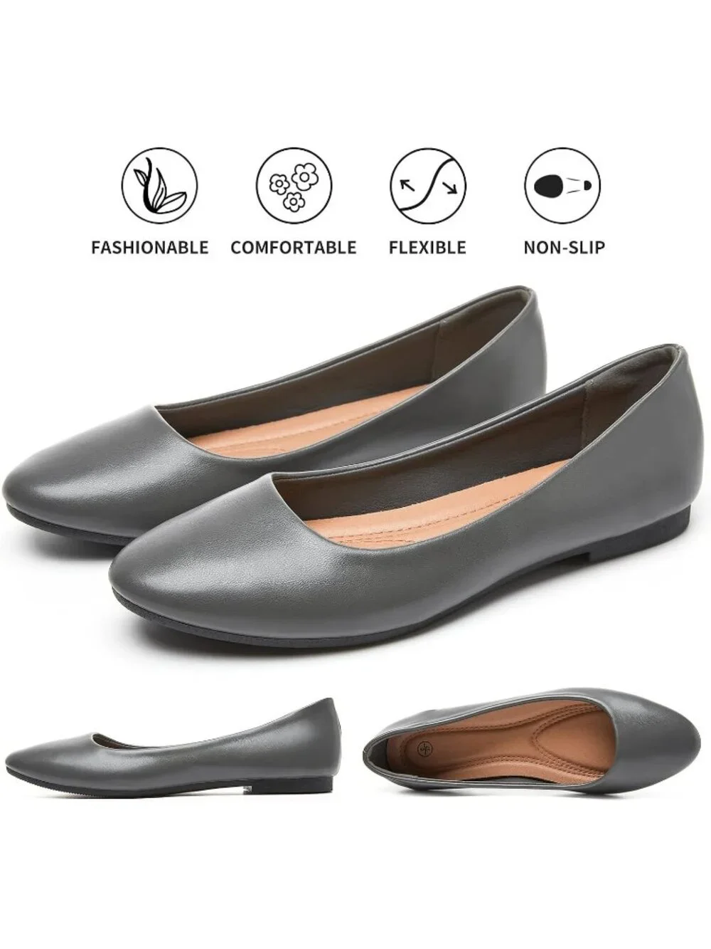 Women's Dark Grey PU Leather Closed Toe Comfortable Flexible Slip On Ballet Flat